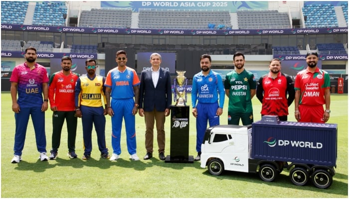 The skippers of all the teams that participate in the 2025 Cup Asia are seen at the opening ceremony of the trophy in Dubai on September 9, 2025. - x@therealpcb