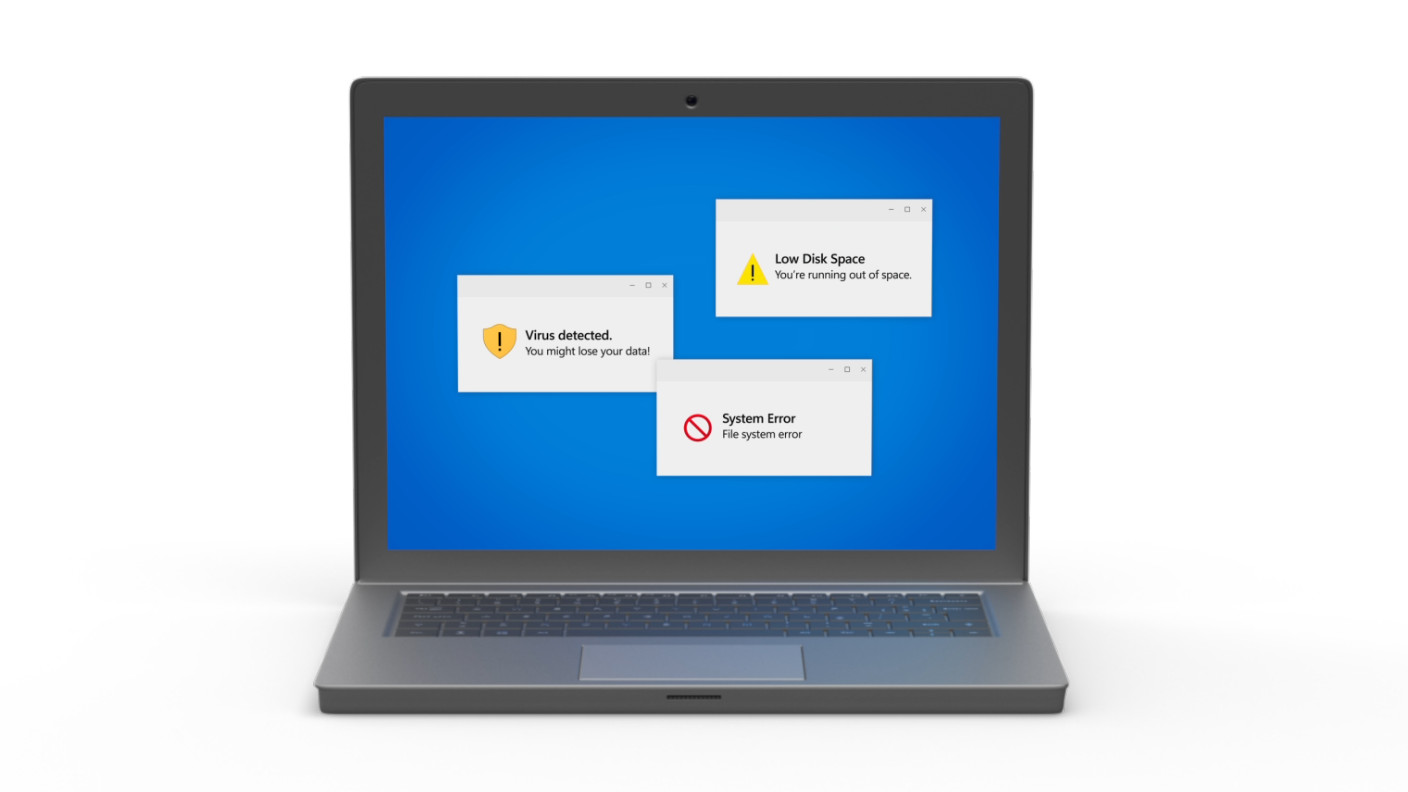 Google Chromebook Plus Portal announcement showing a generic laptop with error messages