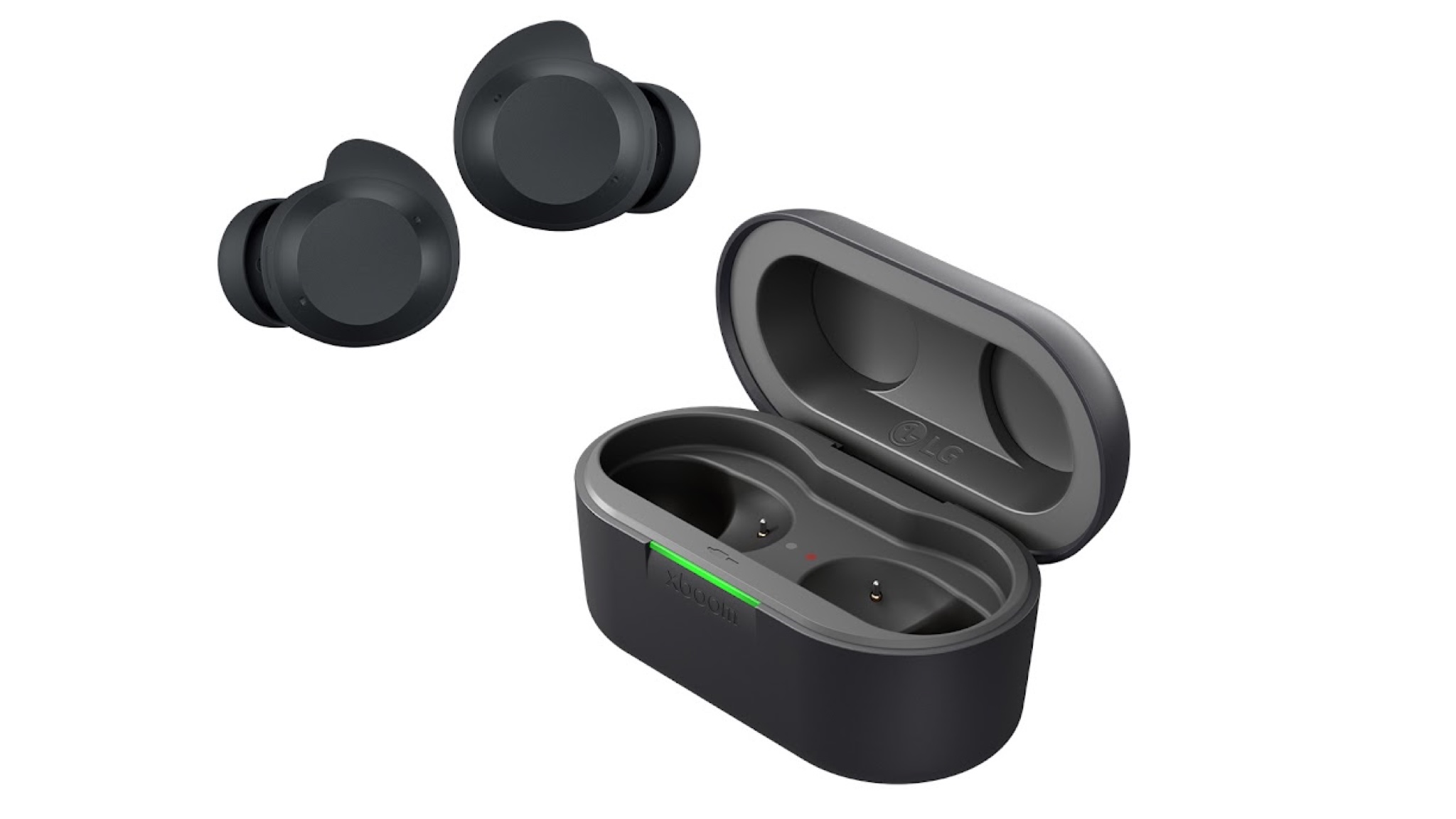 LG Xboom Buds Plus Case and headset on a white background