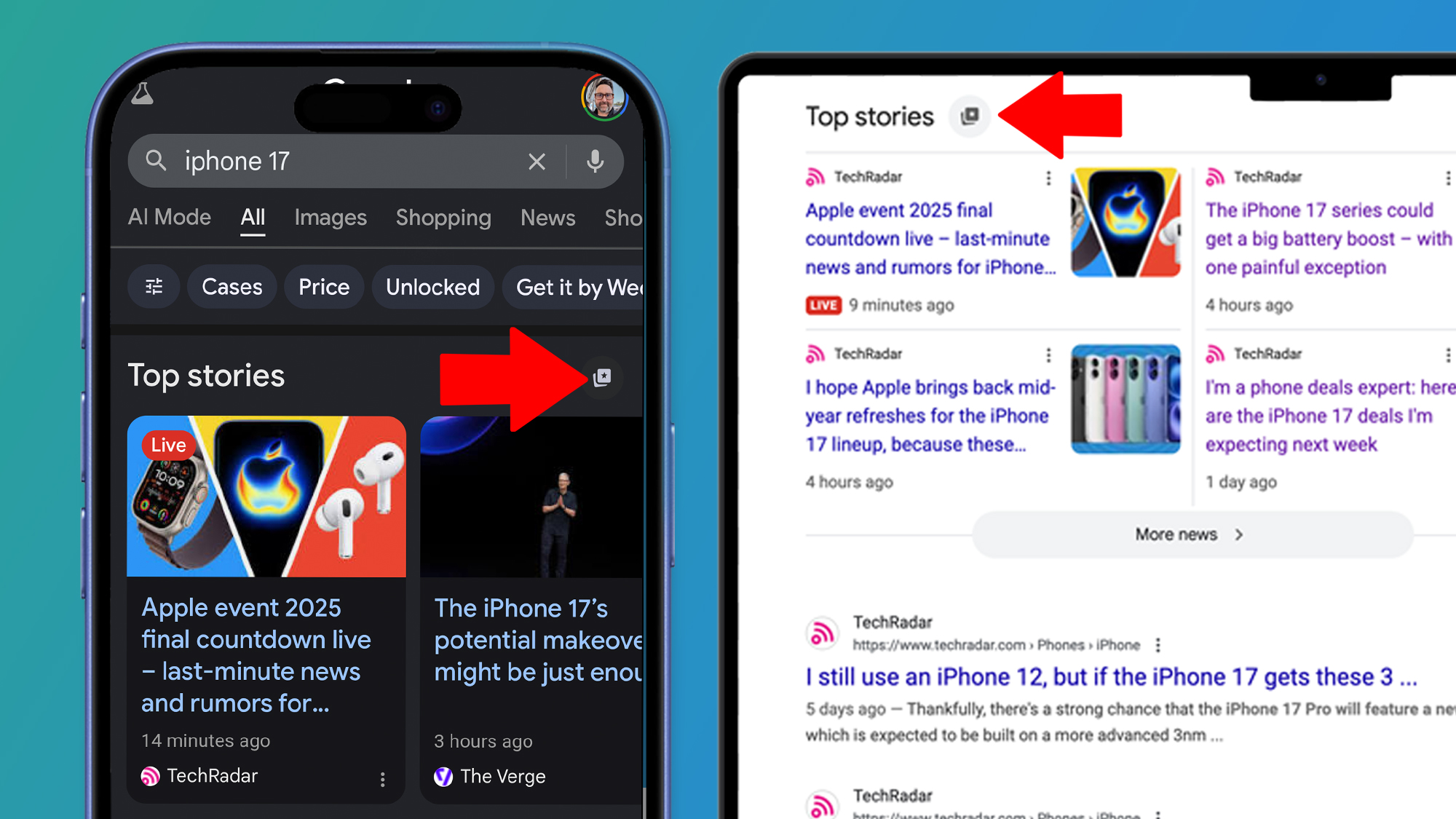 A telephone and a laptop in a blue background that shows how to choose websites as preferred sources in Google's main stories.