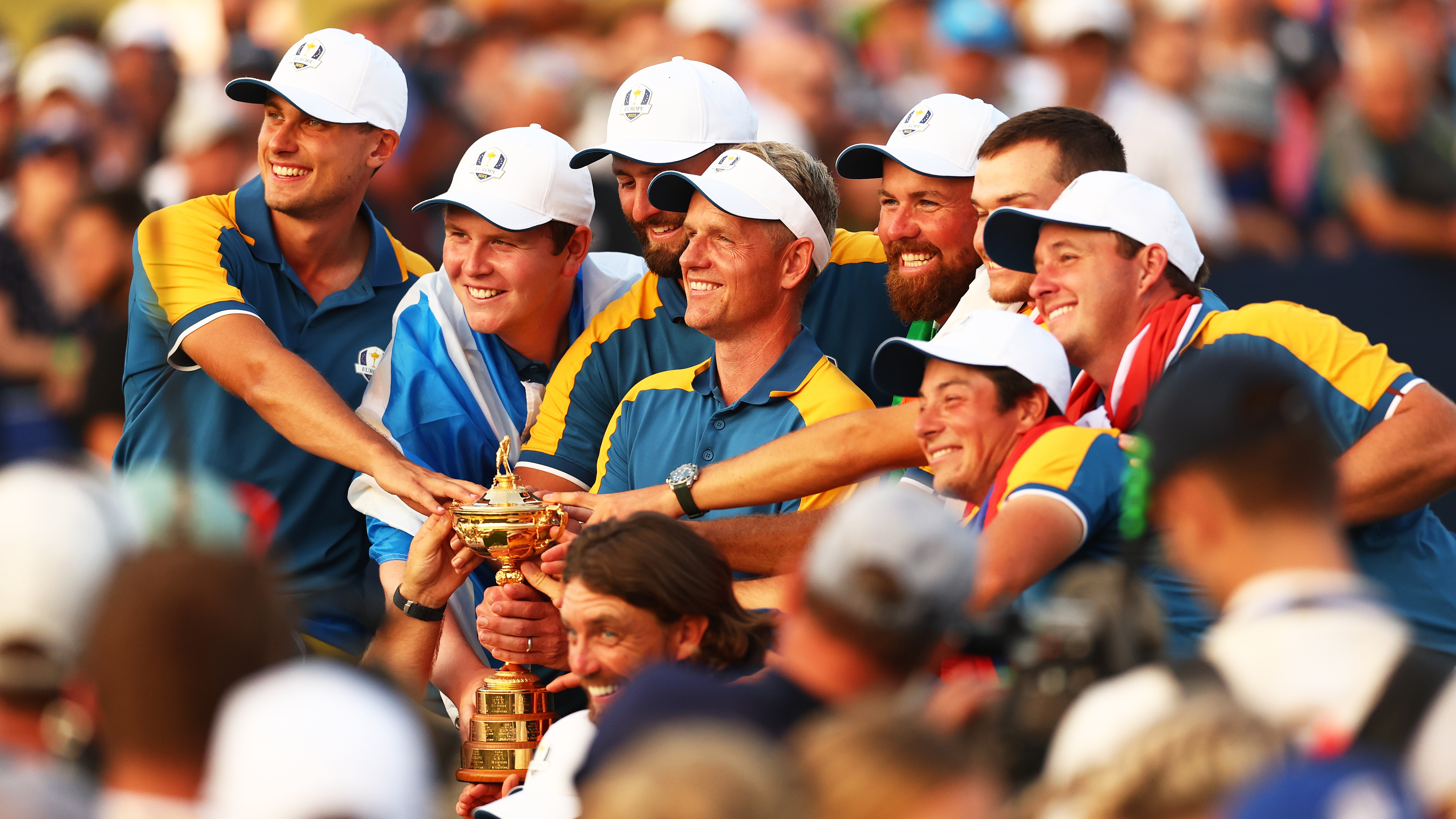 Captain of the Europe Luke Donald team lifting the Ryder Cup trophy with the rest of the team in Rome, Italy, after his victory.