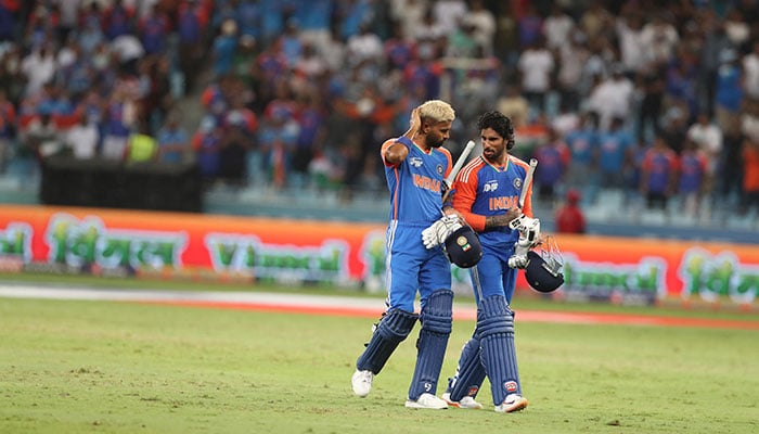 Indies Hardik Pandya and Tilak Varma date back after concluding the Super Fours game of the Asia 2025 Cup against Pakistan in the Dubai International Crickt Stadium, Dubai, Eau, on September 21, 2025. - Reuters -