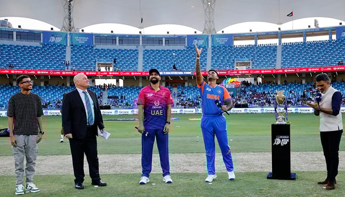 Captain of India Suryakumar Yadav (second from the right) and UAES Muhammad Waseem (third from the right) at the launch of its ACC Mens T20 Asia Cup 2025 match at the Dubai International Cricket Stadium in Dubai on September 10, 2025.