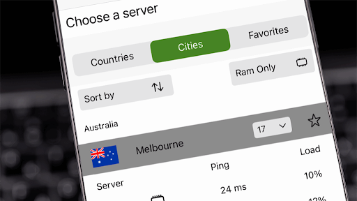 The Melbourne server selected on the IPvanish location tab in the VPN application that runs on a smartphone