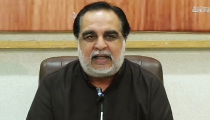 The former Governor of Sindh Imran Ismail goes to a press conference in Karachi, on May 27, 2023, in this still taken from a video. - YouTube/Geonews
