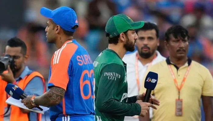 The Indian Captain Suryakumumar Yadav (left) and the captain of Pakistan Salman Ali Agha after launching during the Cup Asia 2025 clash at the Dubai International Cricket Stadium, Dubai, Eau, September 14, 2025. - X@FAD08