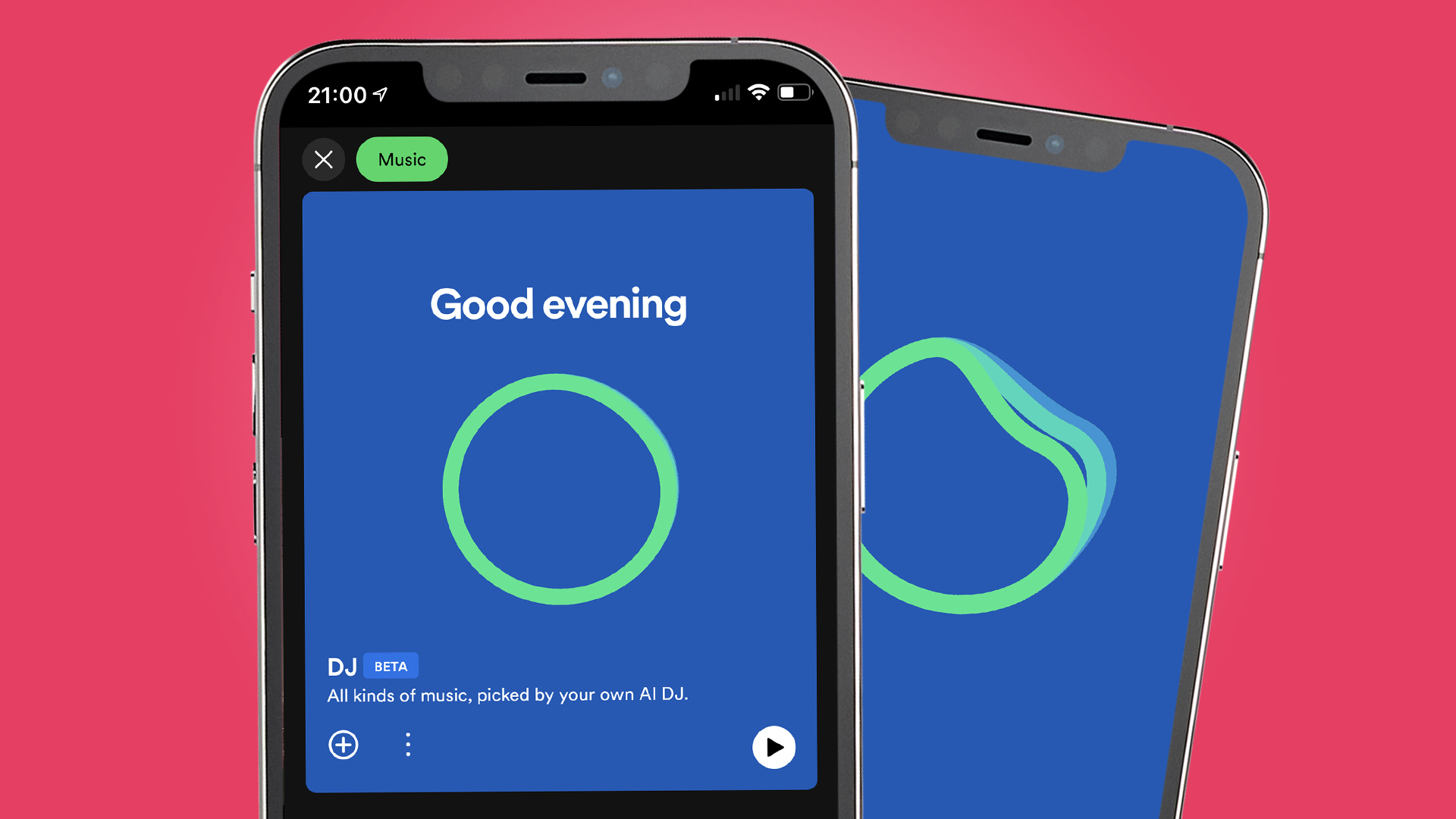 Two iPhones that show spotify ai dj