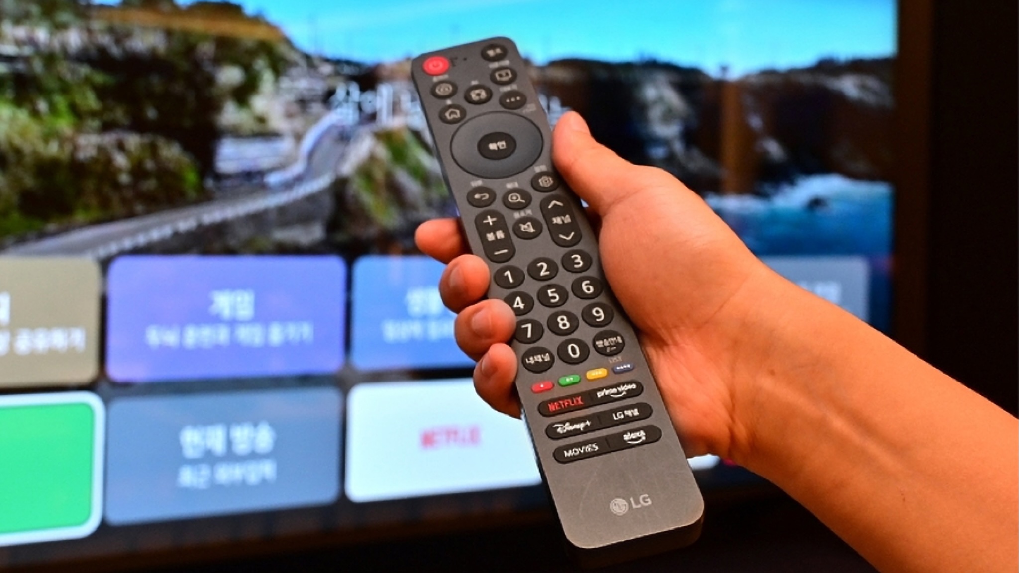A hand that holds the remote control against an easy LG TV to show its relatively simple design.
