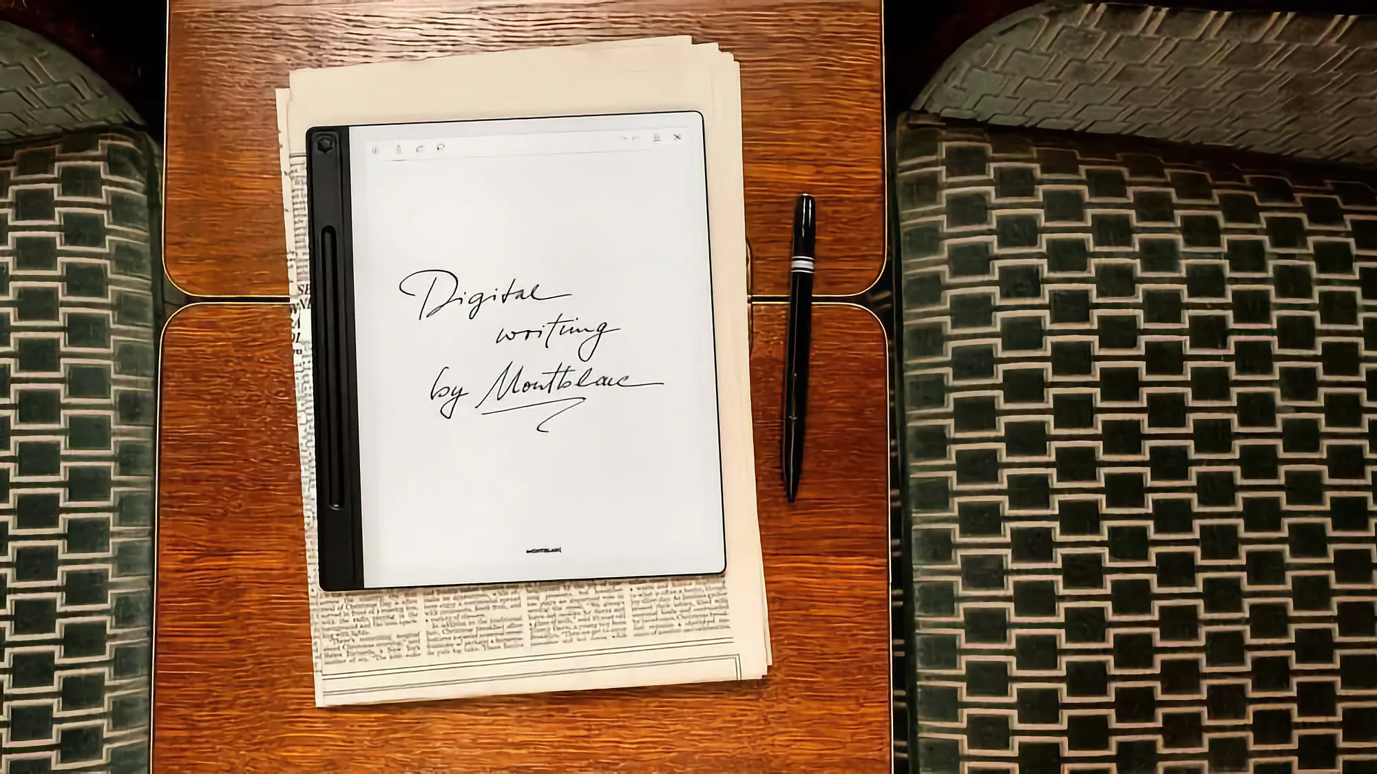 The Montblanc digital document on a table with its pen