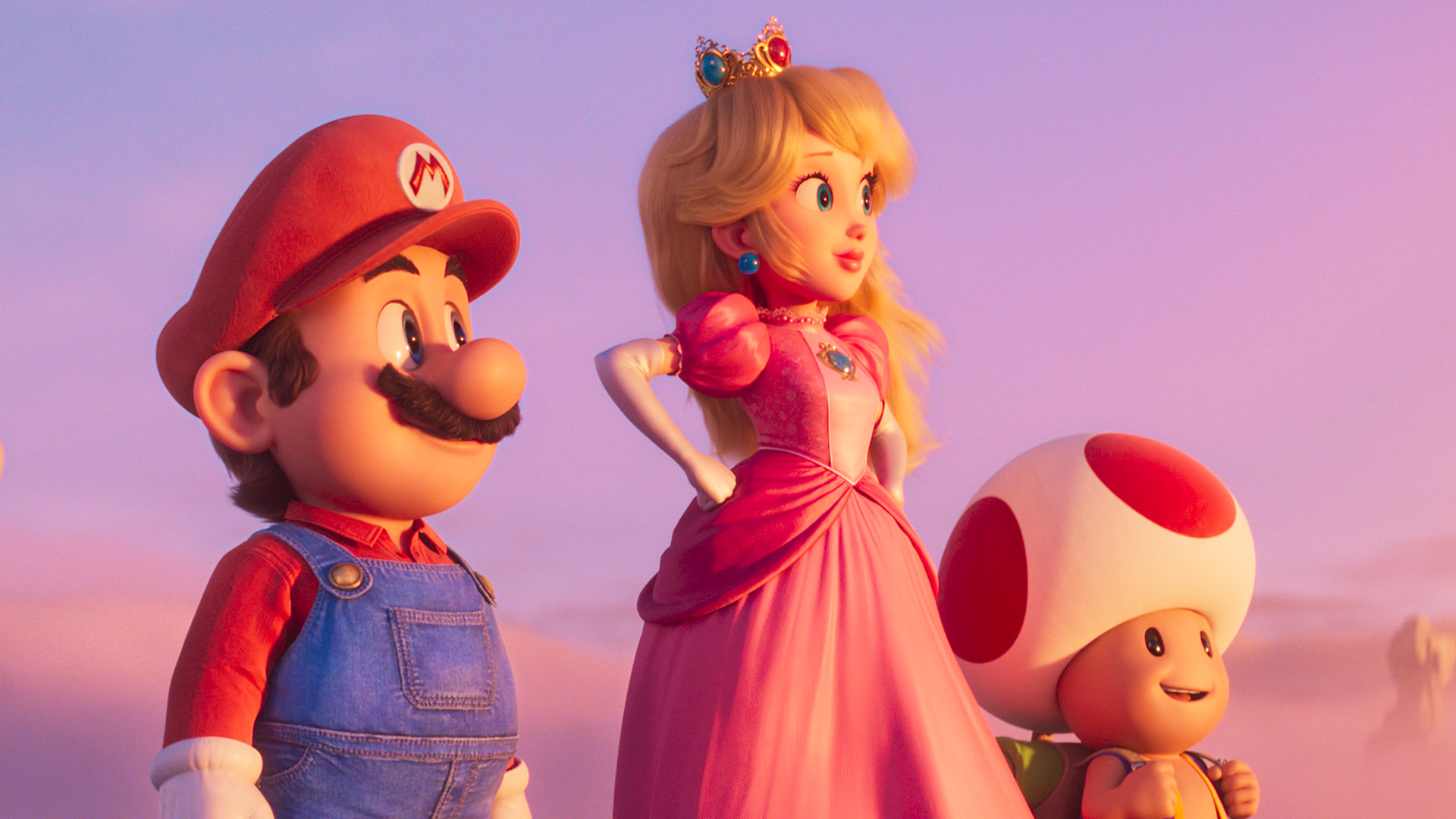 Mario, Peach and Toad look towards the horizon in the film by Super Mario Bros.