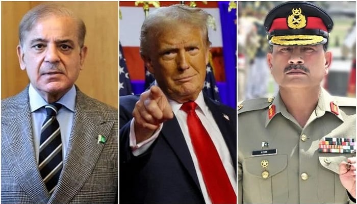(From left to right) PM Shehbaz Sharif, the president of the United States, Donald Trump, and the field marshal also Munir. - Radio Pakistan/Reuters/ISPR/File