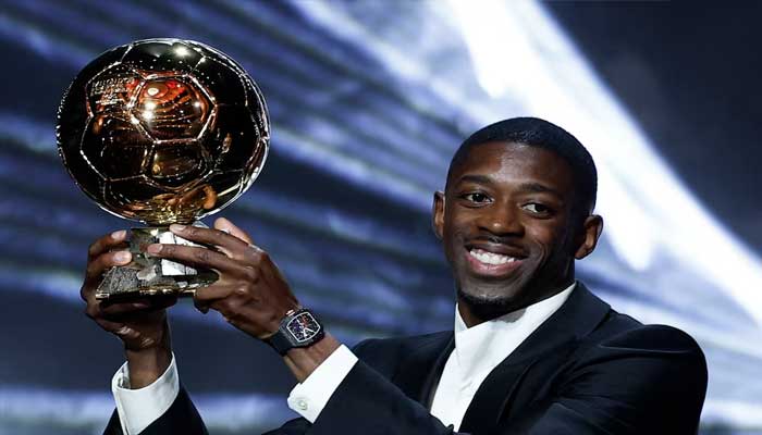 Paris St Germains Ousmane Dembele celebrates after winning the Mes Ballon Dor Award, September 22, 2025. - Reuters