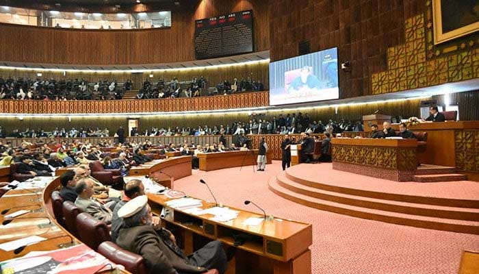 The members of the House of Representatives of the Parliament of Pakistan attend the meeting of the National Assembly in Islamabad on March 1, 2024. - x/@naofpakistan