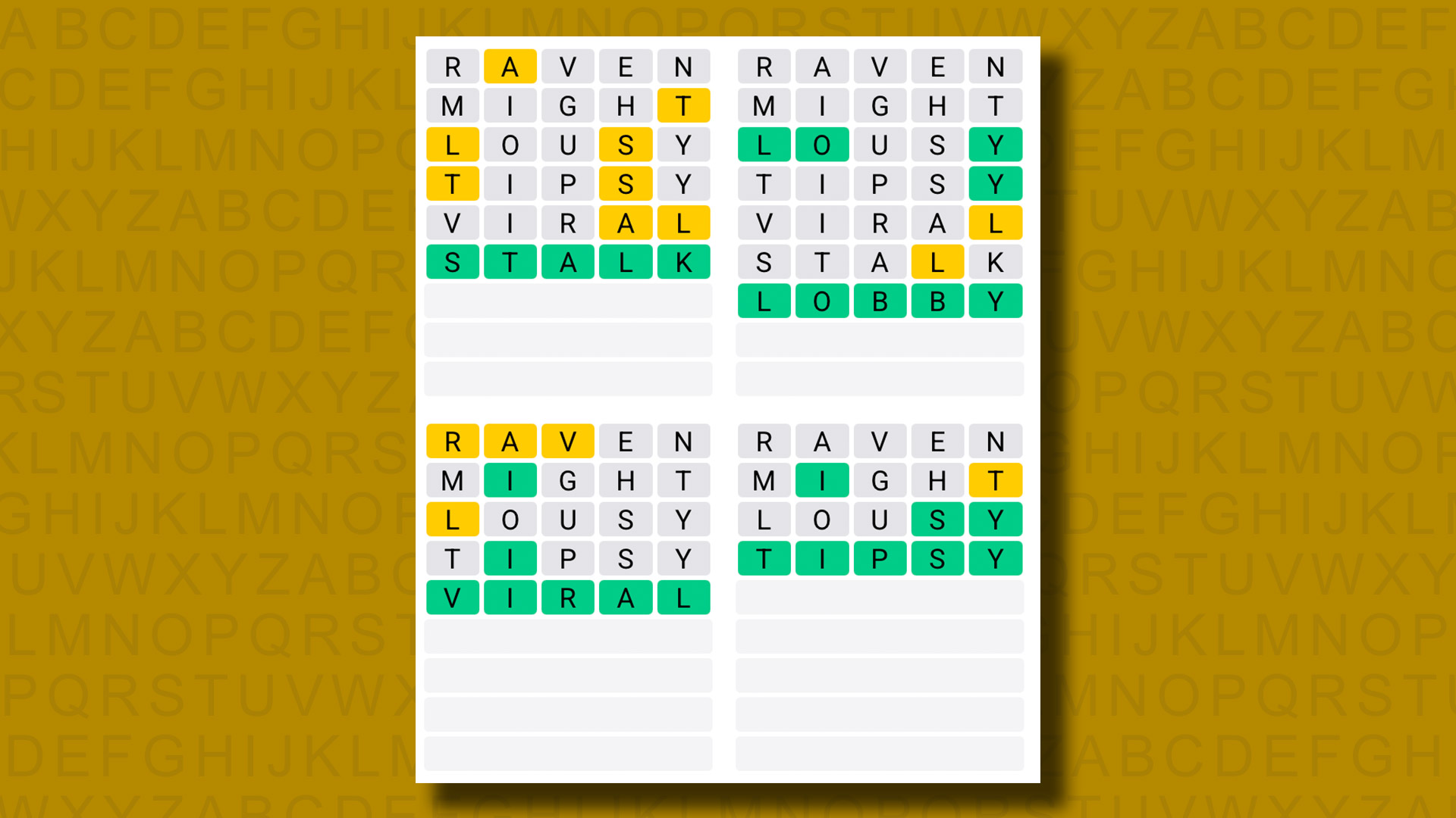 Quordle Answers for the game 1330 on a yellow background