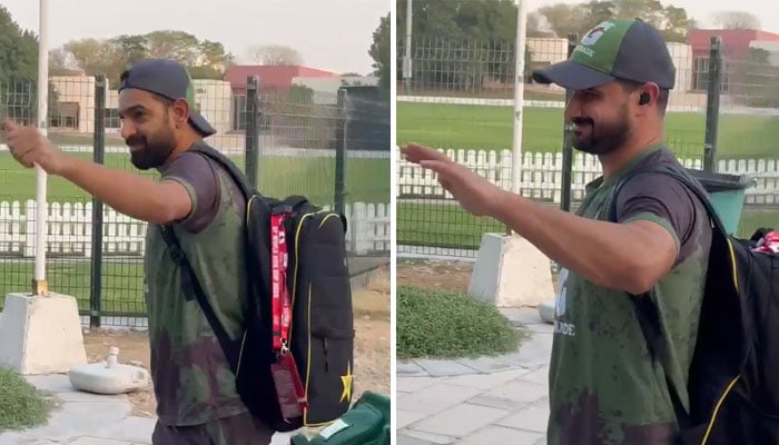 Pakistan Pacer Haris Rauf (left) and the Sahibzada Opening batter Farhan greets fans outside the ICC Academy, Dubai, September 27, 2025. - Reporter
