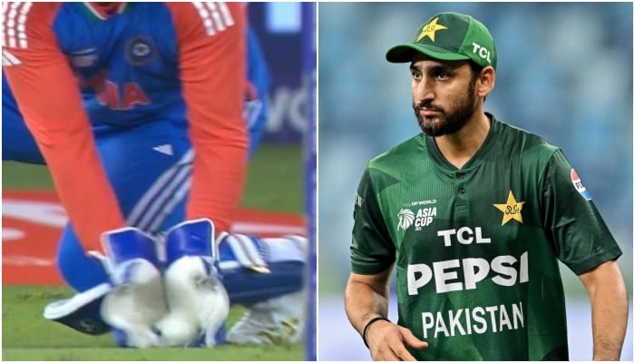 This image collage shows Indias Sanju Samson collecting the ball in the dismissal of Pakistans Fakhar Zamans during the Asia ACC Mens T20 match and the patron of Pakistan Salman Agha. - Livestressam/Screengrab/AFP