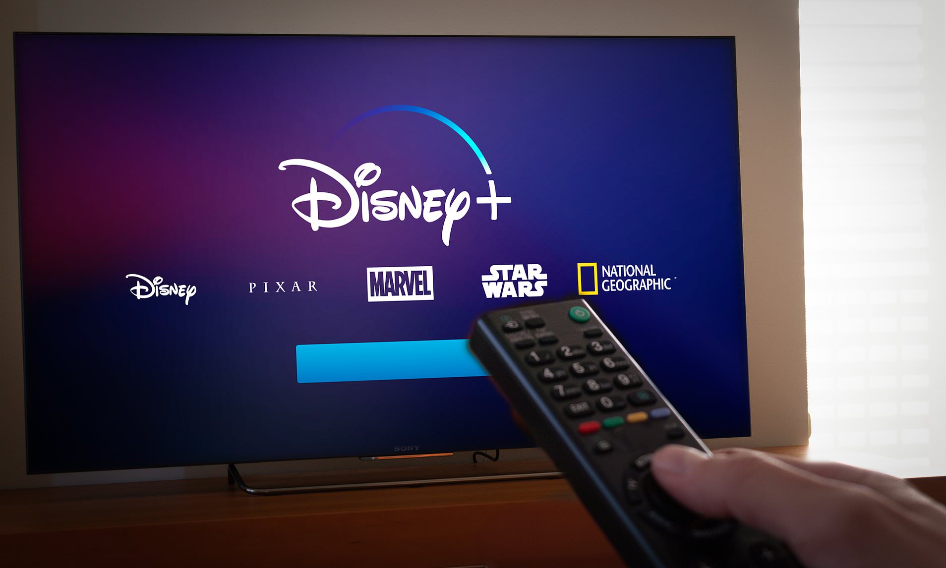 Disney Plus image that is seen on a TV with a hand that contains a remote control