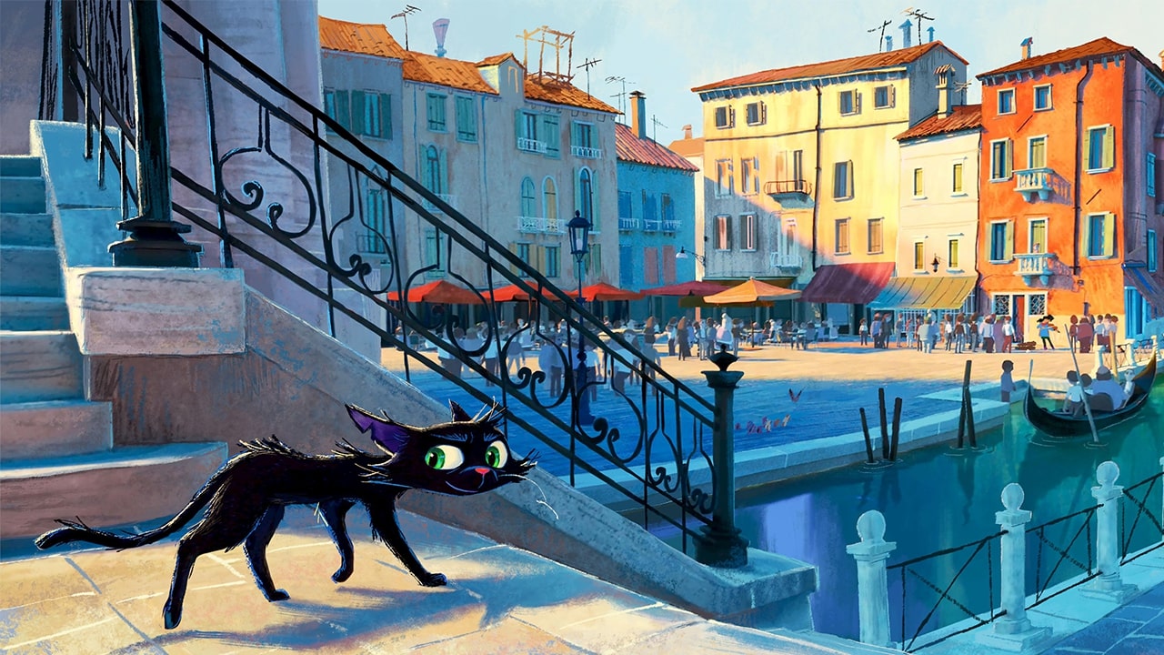 A Disney Pixar Movie Gatto screenshot, which shows a black cat walking near a dock