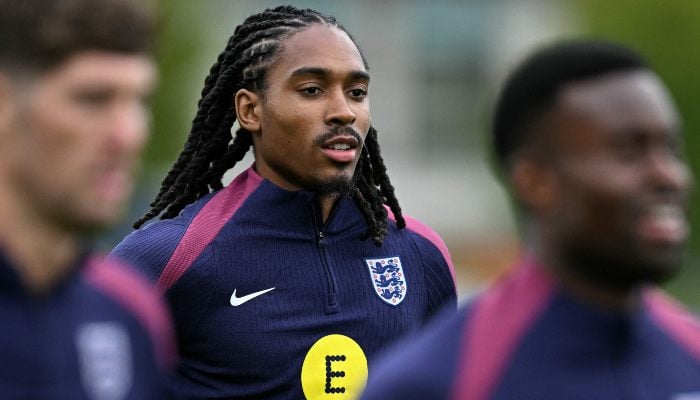 The defender of England, Djed Spence, participates in a training session in the San Jorge Park in Burton-Upon-Tint, Central England, on September 3, 2025.-AFP