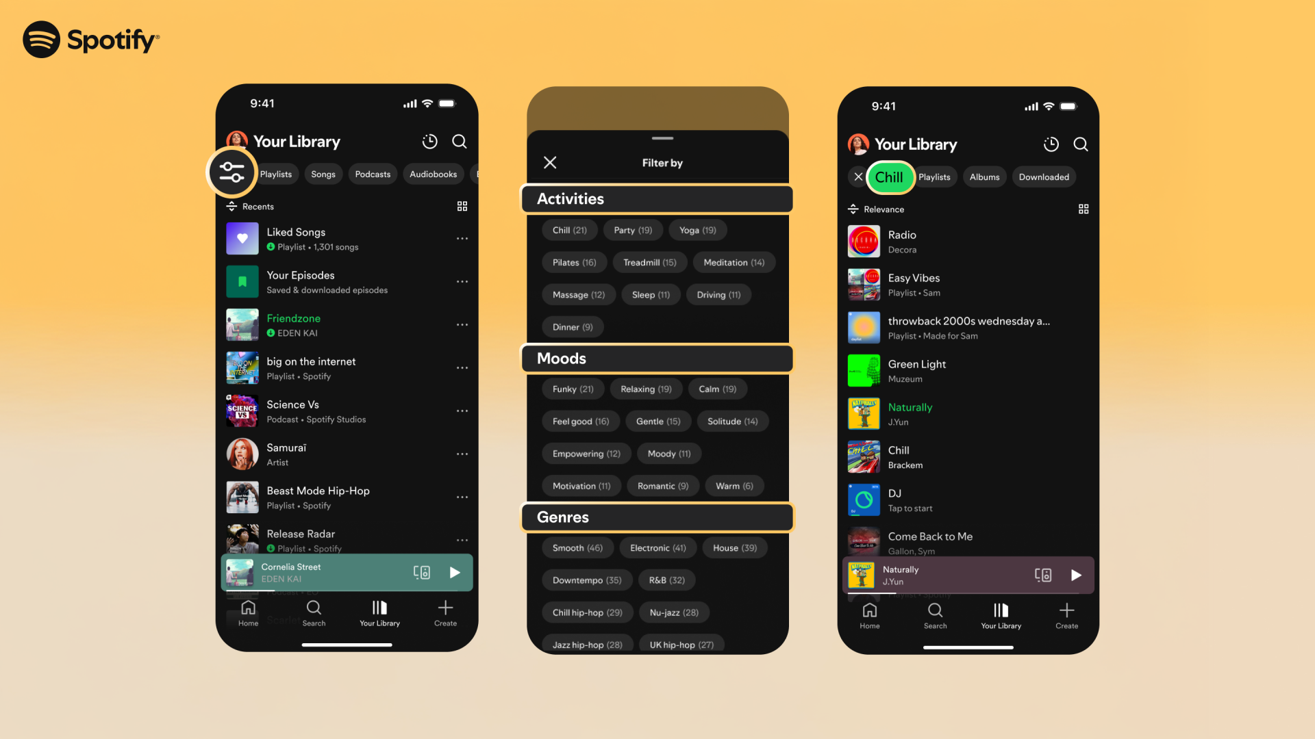 Three mobile phones that show the new Spotify smart filters in the library section