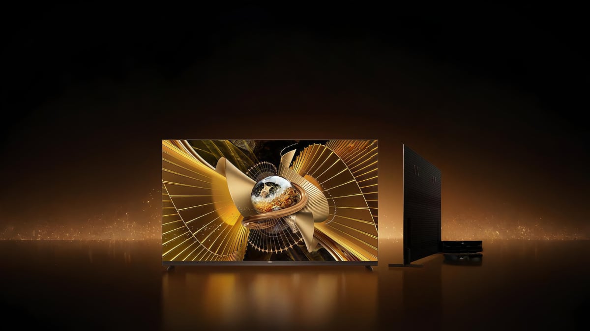 A rendering of the X11L TV TV against a dark background generated computer with gold flakes on the horizon
