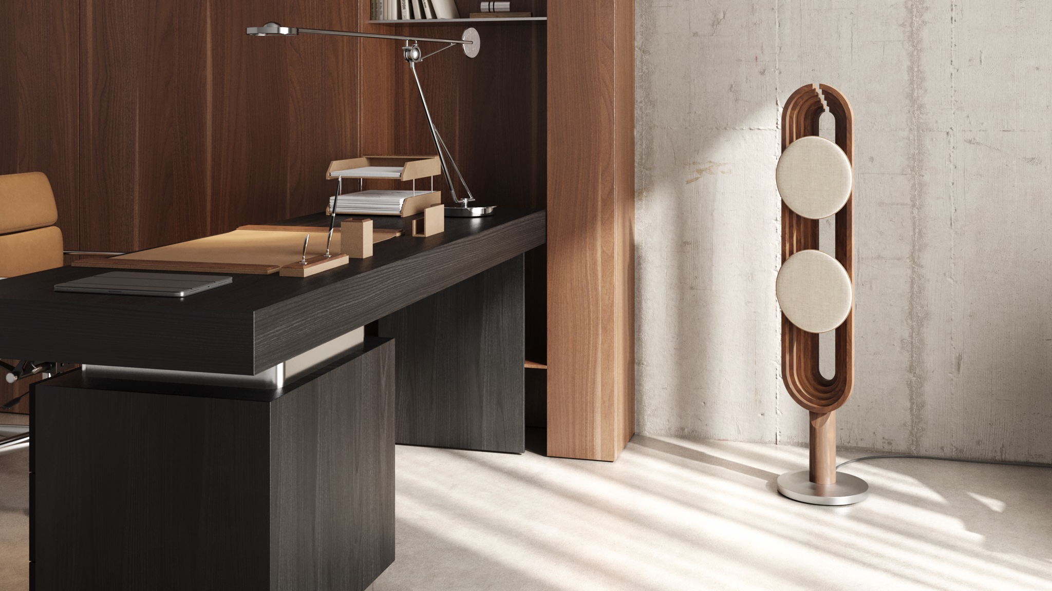 Locked. AUDIO AURORA SHEEP IN AN OFFICE WITH DARK FURNITURE