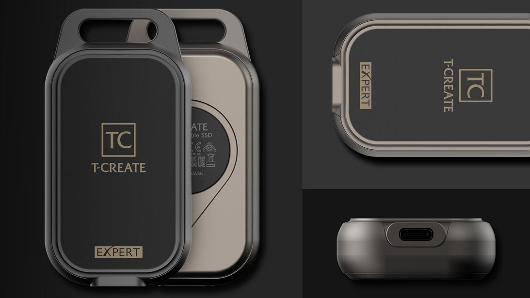 Group T-Create Expert P34F Portable SSD equipment shown from the front, the back and the upper part