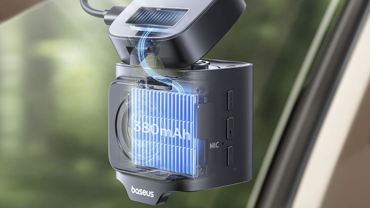 Baseus Primetrip Vd1 Pro Dash Cams mounted on a car windshield, with an internal battery chart