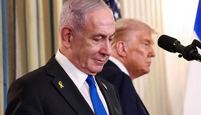 President Donald Trump and Israeli Prime Minister Benjamin Netanyahu celebrate a joint press conference in the state dining room at the White House, in Washington, DC, USA, September 29, 2025. - Reuters