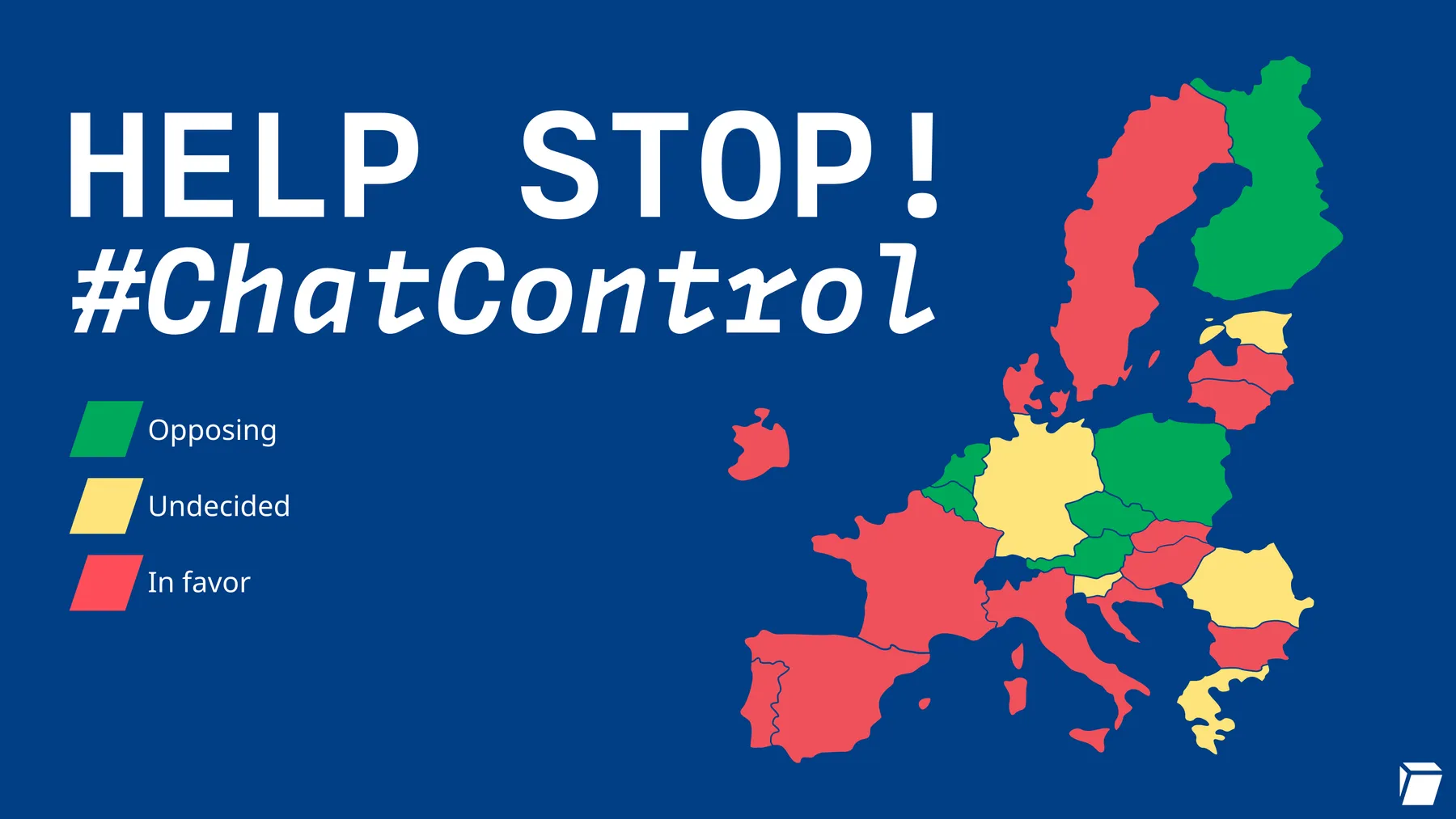 Map of EU countries that show what countries are, which are neutral and which are against chat control.