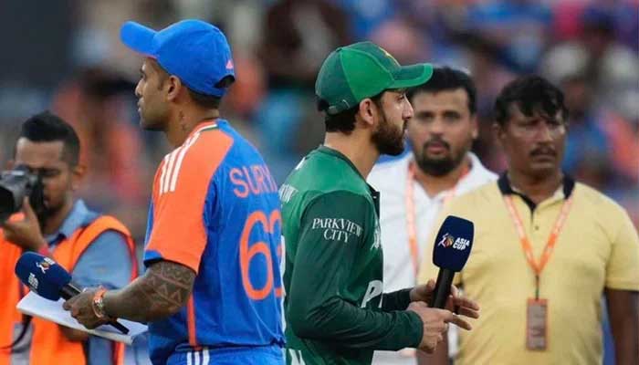 The Indian Captain Suryakumumar Yadav (left) and the captain of Pakistan Salman Ali Agha after launching during the Cup Asia 2025 clash at the Dubai International Cricket Stadium, Dubai, Eau, September 14, 2025. - X@FAD08