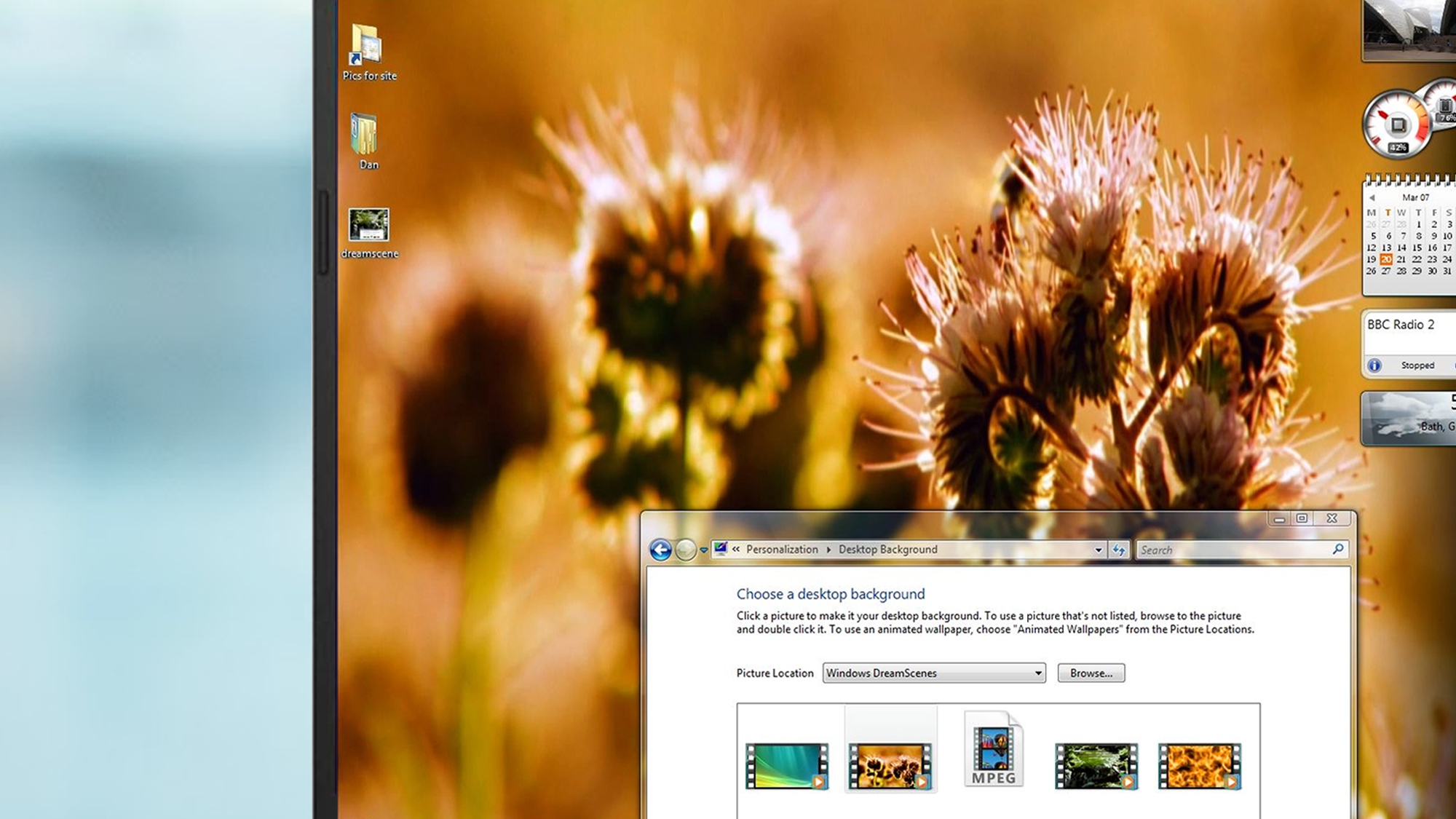 A portable computer screen showing Windows Vista's tapestry options