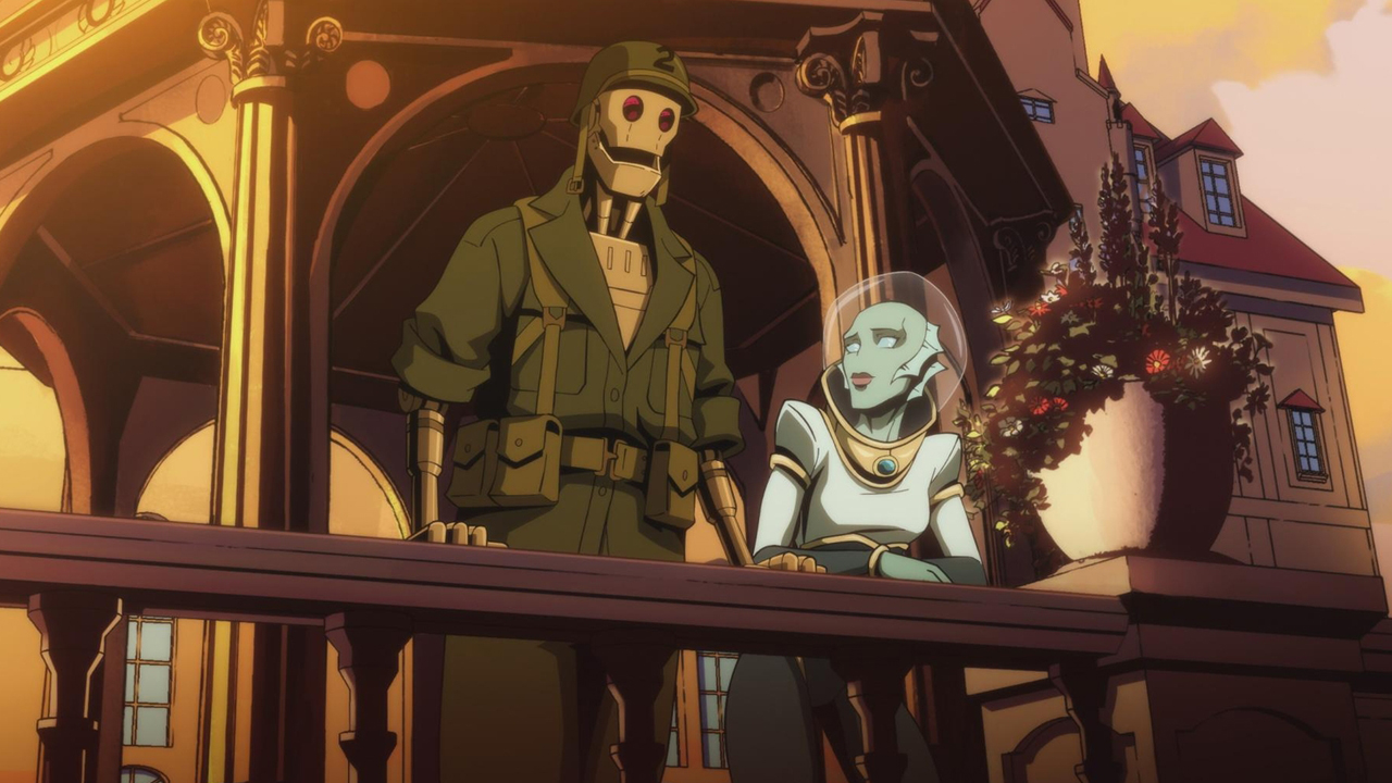 Gi Robor and Nina Mazursky chatting on a balcony in creatures commands' first episode