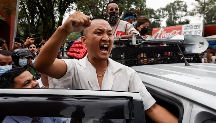 Sudan Gurung, 36, founder of Hami Nepal, shouts when he returns after a fight during his press conference, after the last weeks of mortal anti-corruption protests, in Katmandu, Nepal, September 14, 2025.-Reuters-Reuters.