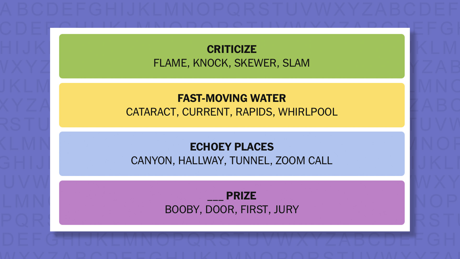 NYT Connections Answers for game 843 in a purple background