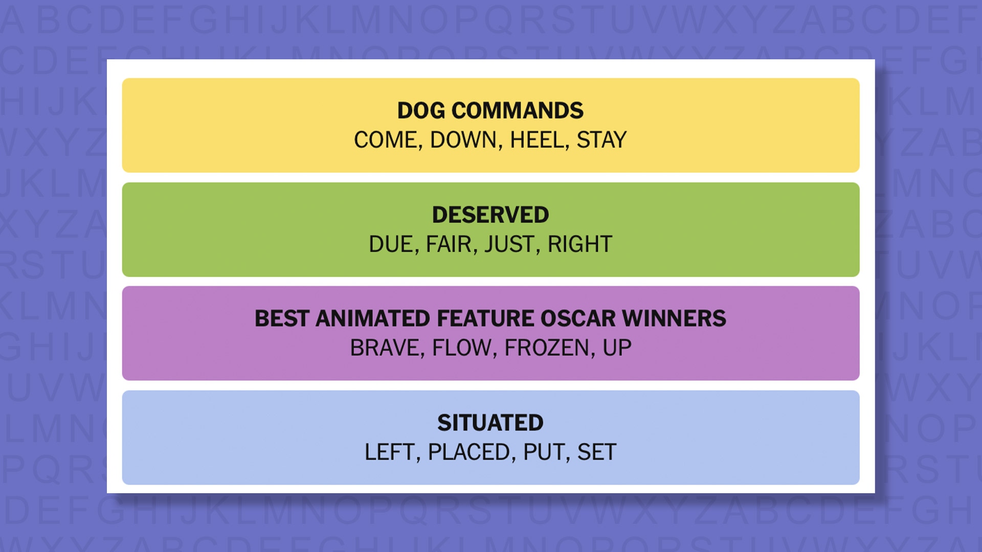 NYT Connections Answers for game 844 in a purple background