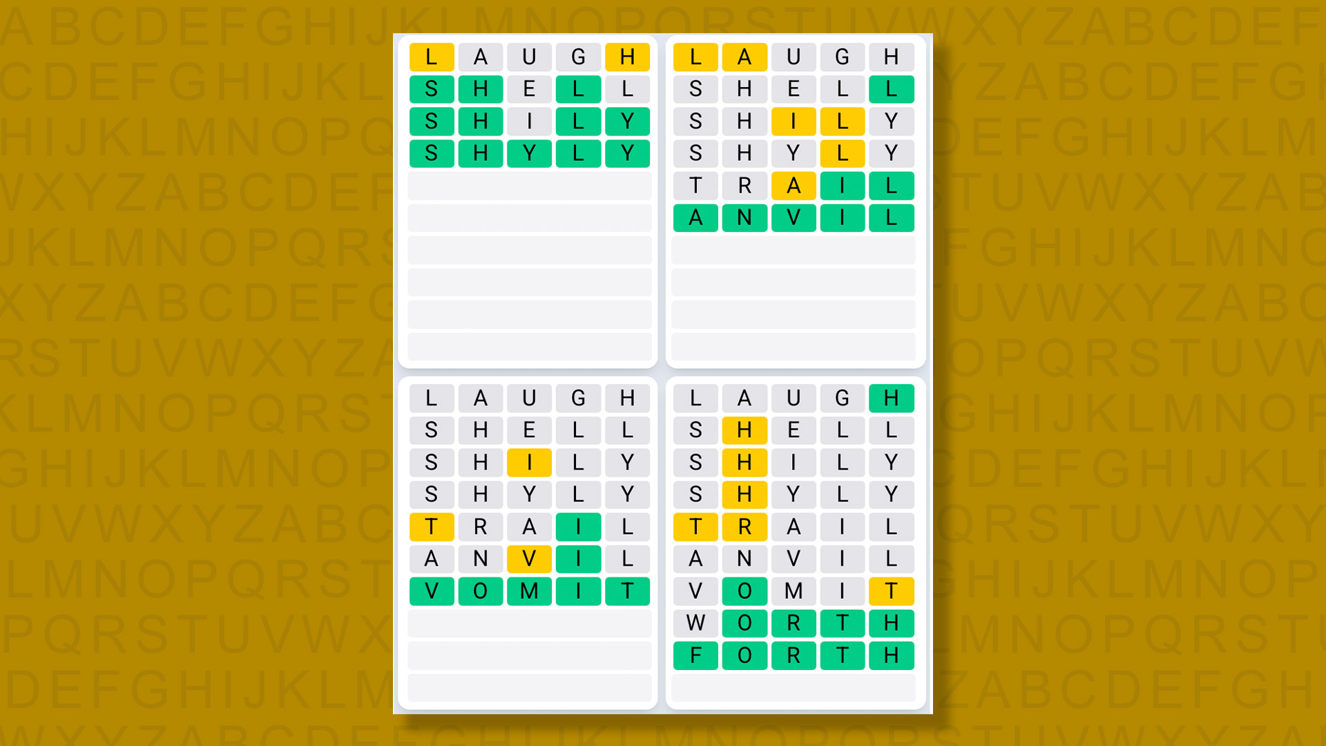 Quordle Daily Sequence Answers for game 1347 on a yellow background