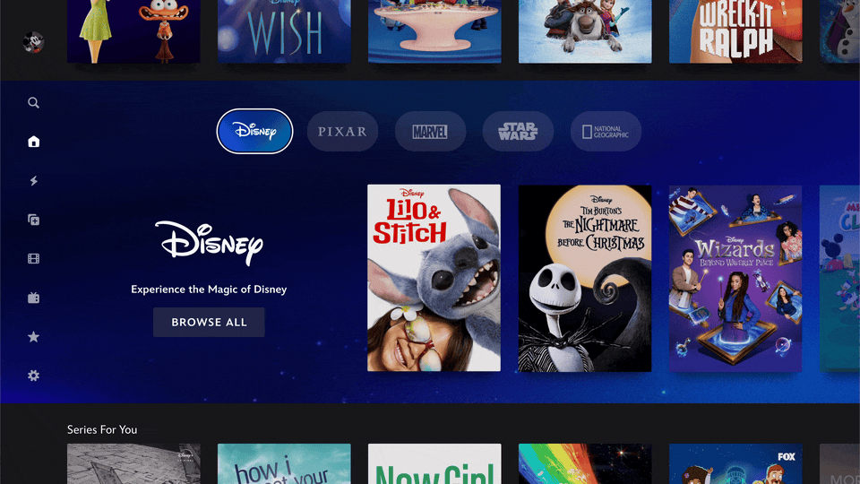 A screen that shows the Disney+ interface