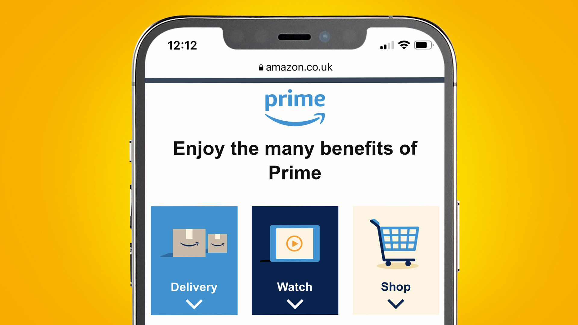 An iPhone on a yellow background that shows Amazon Prime's destination page