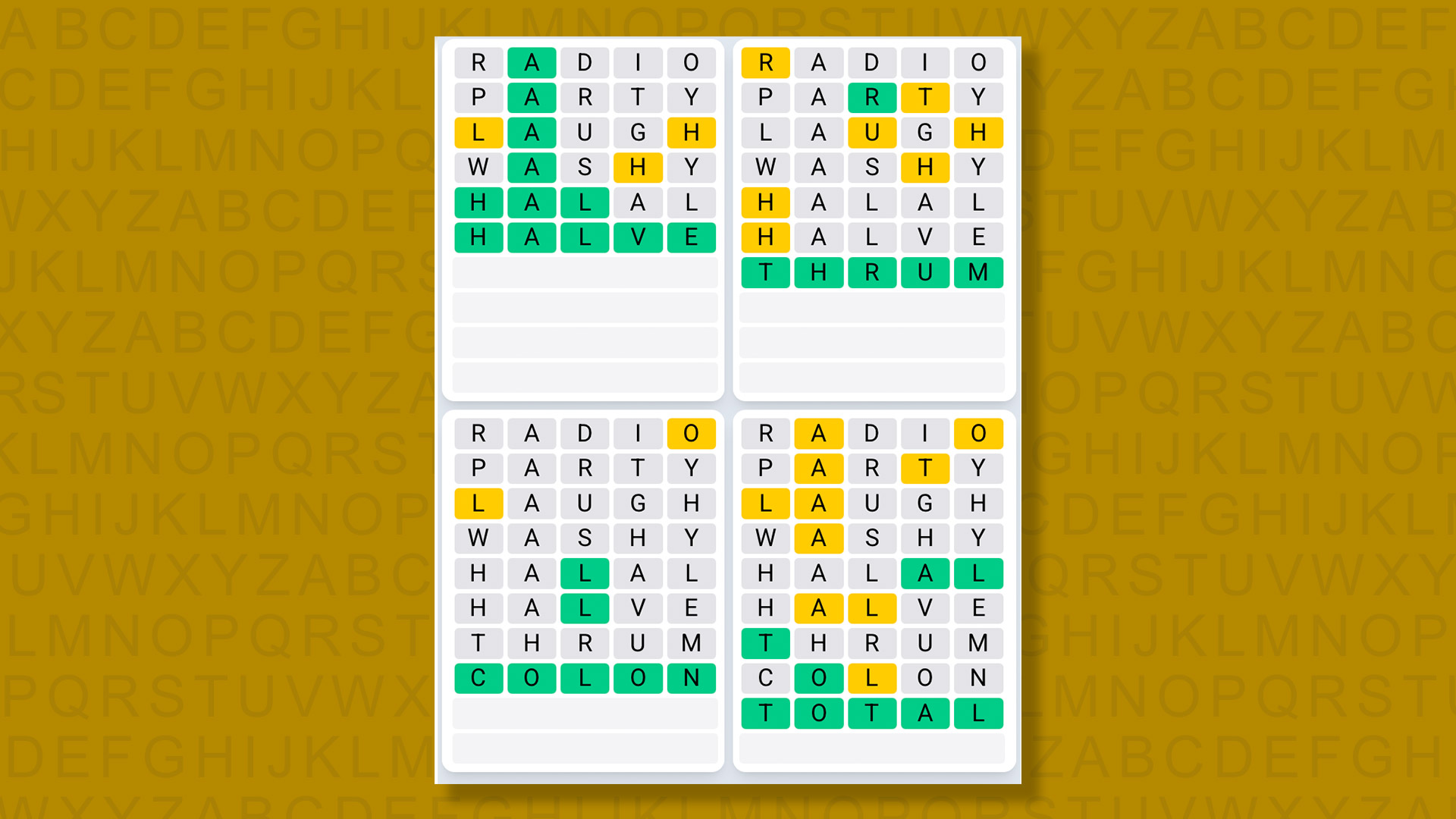Quordle Daily Sequence Answers for game 1348 on a yellow background