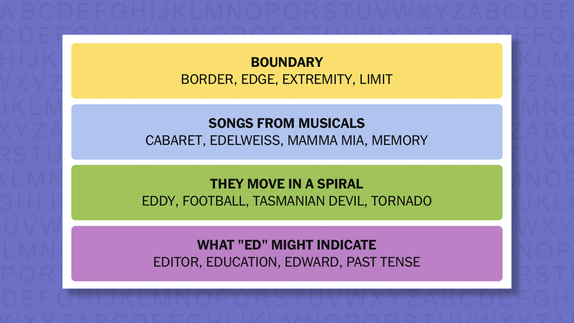 NYT Connections Answers for game 845 in a purple background