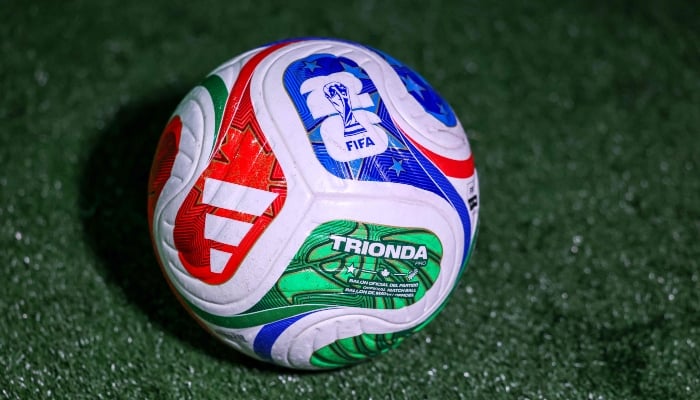 The FIFA 2026 Men's World Cup Combat Ball called Trionda is shown during its presentation in New York on October 2, 2025. - AFP