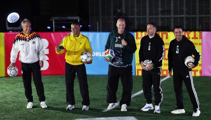 Former players Jurgen Klinsmann, Cafu, Zinedine Zidane, Alessandro del Piero and Xavi Hernández attend the official launch of the FIFA World Cup Combat Ball Trionte in Brooklyn Bridge Park on October 2, 2025, in New York City, USA