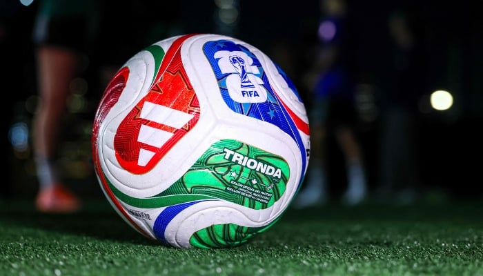 The FIFA 2026 Men's World Cup Combat Ball called Trionda is shown during its presentation in New York on October 2, 2025. - AFP