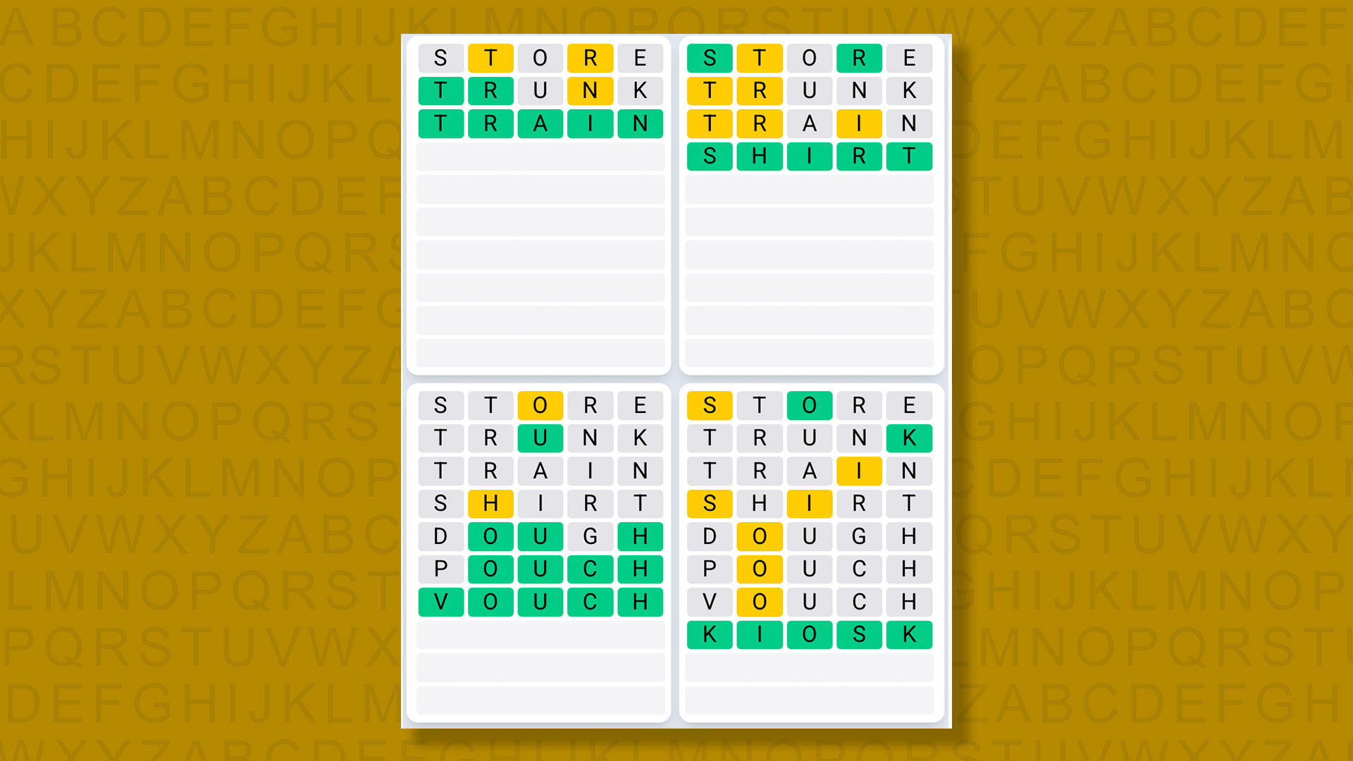 Quordle Daily Sequence Answers for game 1349 on a yellow background