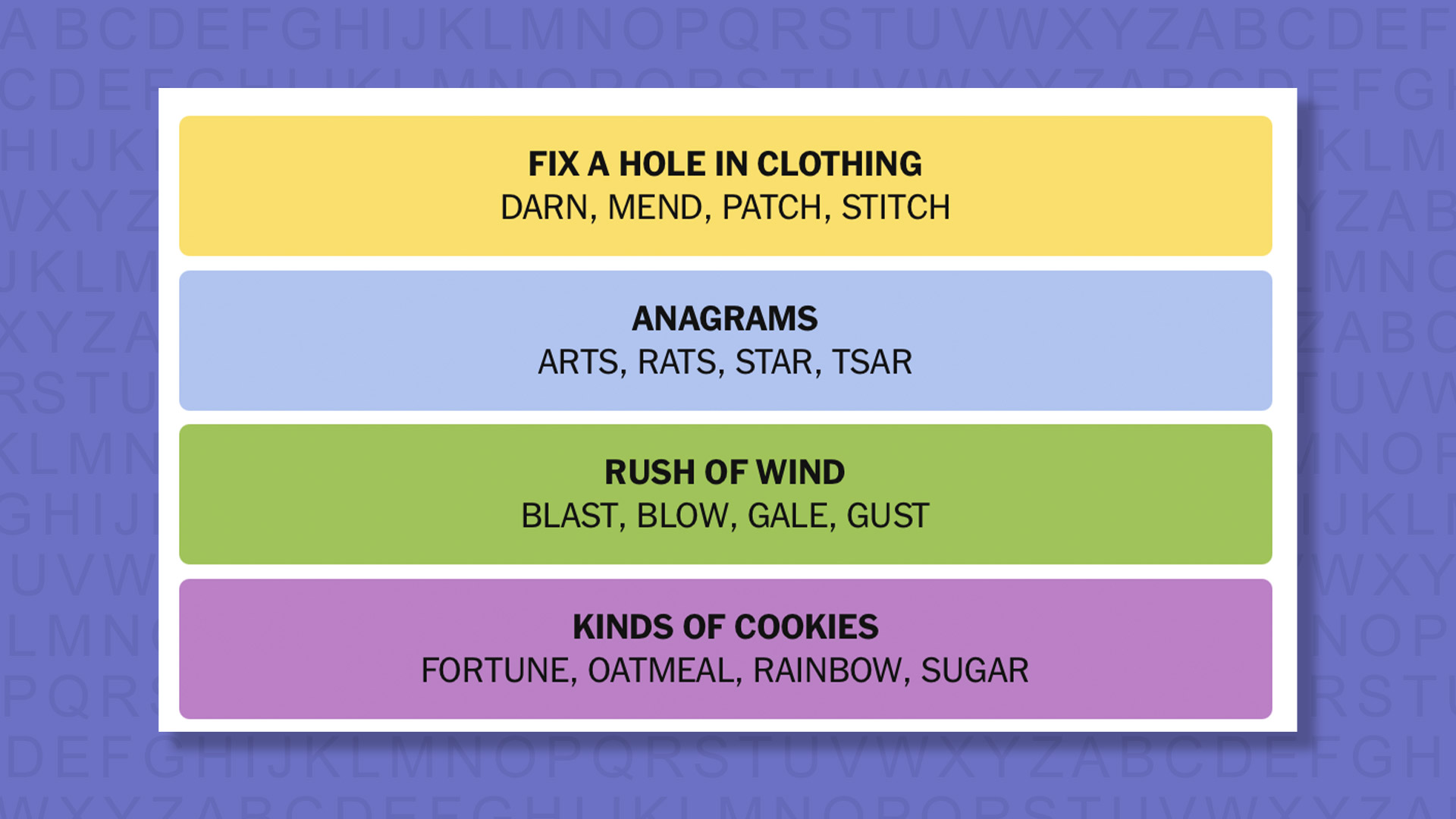 NYT Connections Answers for game 846 on a purple background