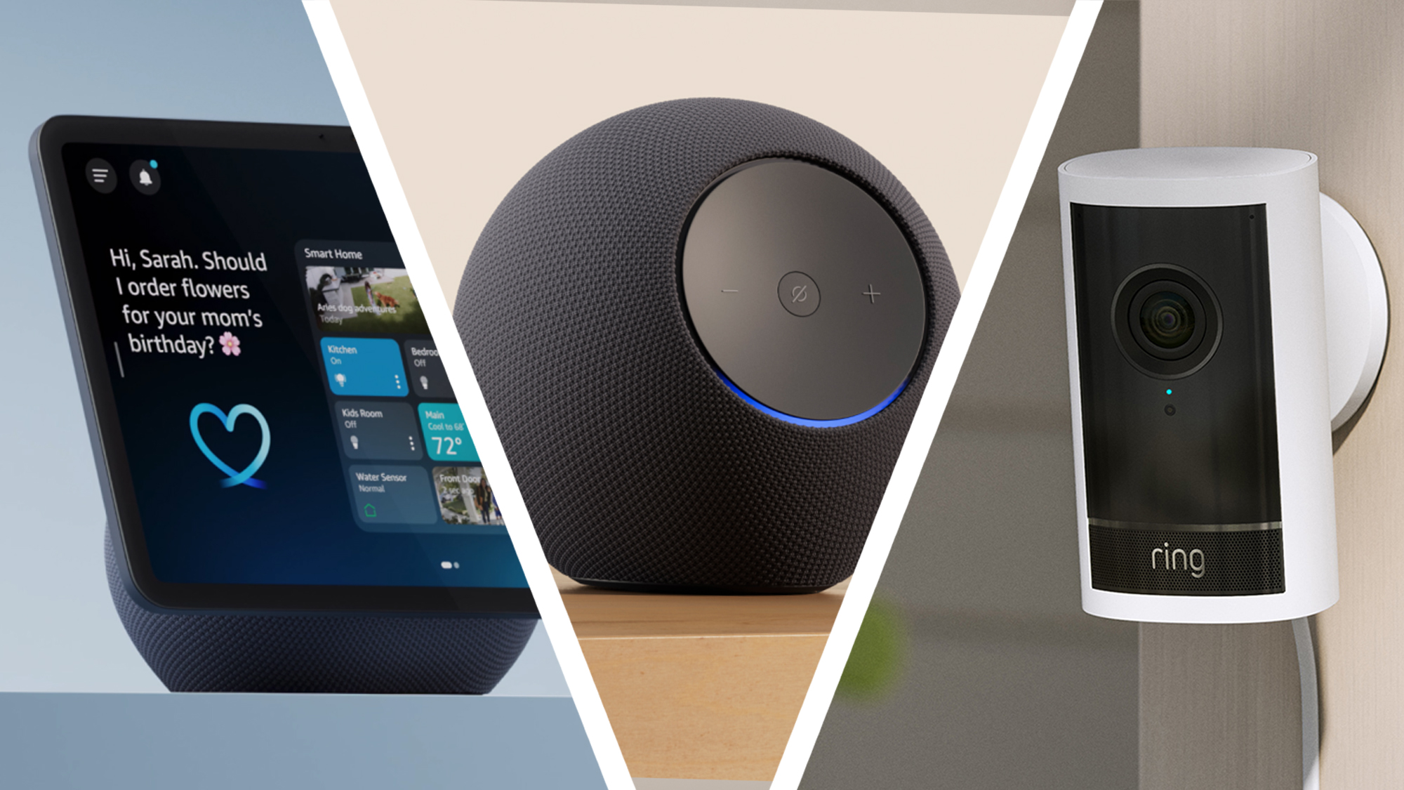 A Amazon Echo show next to an echo point and a ring bell