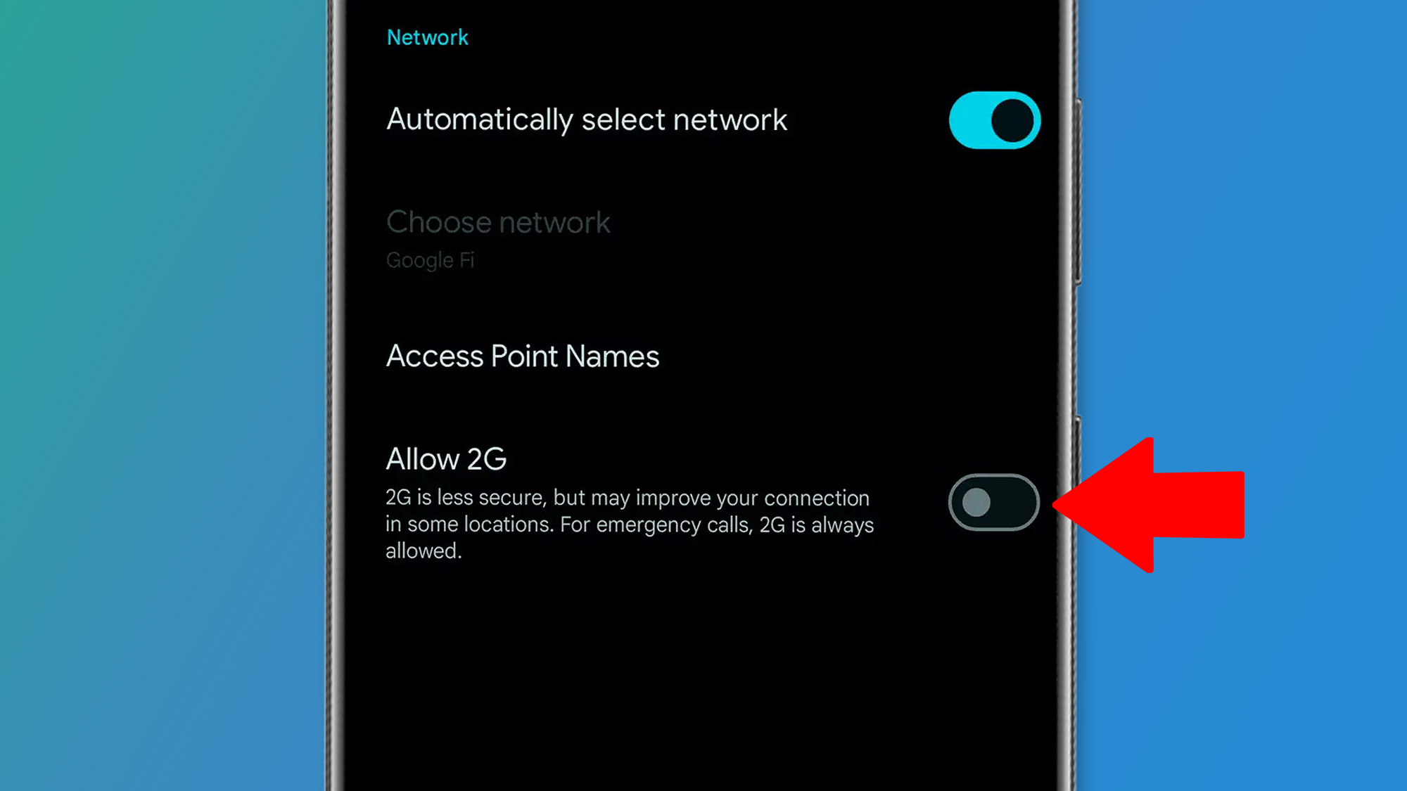 An Android phone in a green and blue background showing the 2g lever configuration