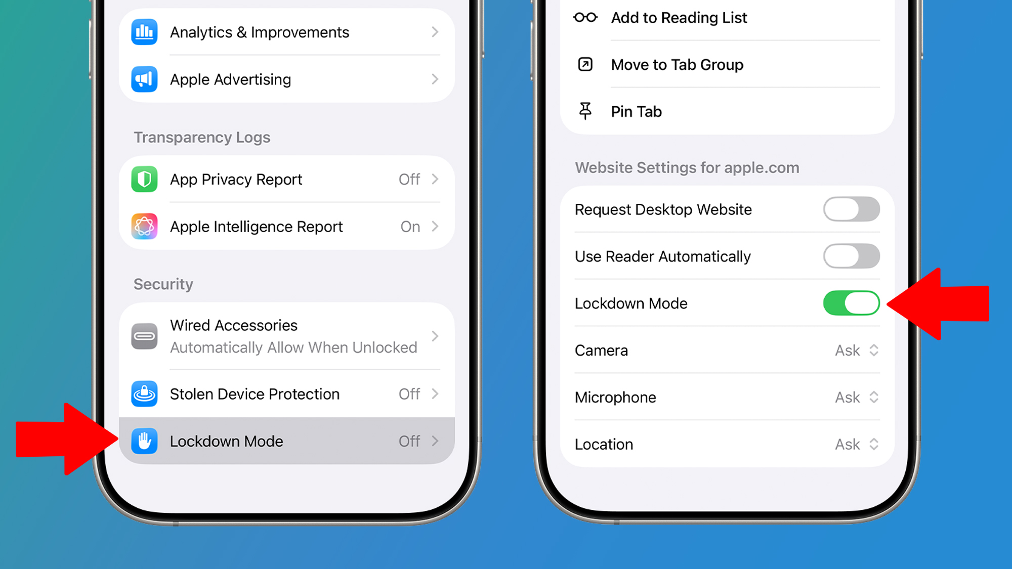 Two iPhones in a green and blue background that shows the block mode in the configuration
