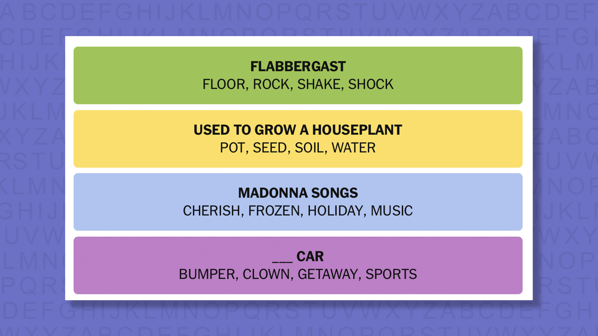 NYT Connections Answers for game 847 on a purple background